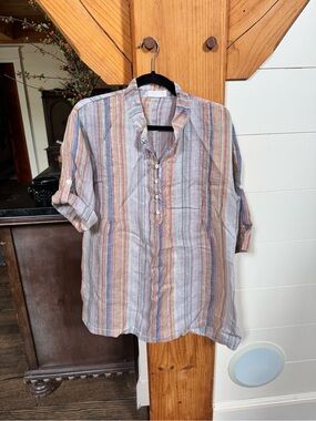 CP Shades Multistripe Cotton-Linen Button Henley Shirt in Pastel Blues and Rust